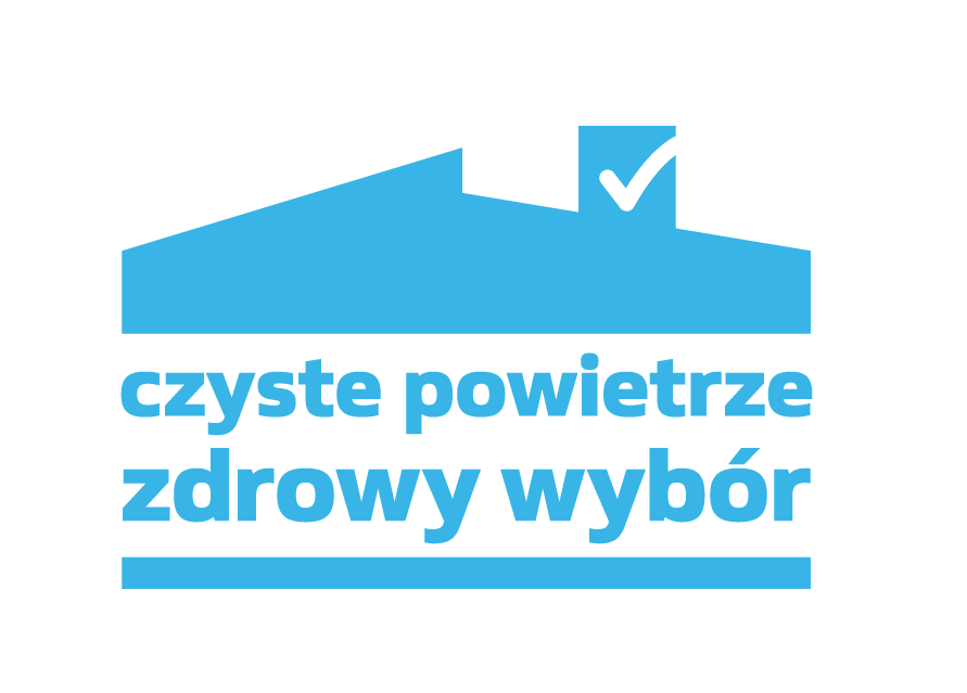 Błękitne logo: uproszczony dom ze znakiem "ptaszka" na dachu, nad napisem "czyste powietrze zdrowy wyb&oacute;r" i linią pod nim.